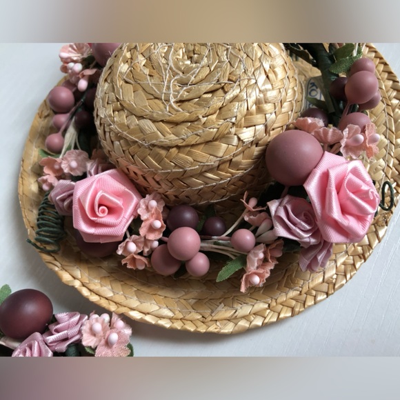 victorian flower wreaths Satin ribbon roses, pinks & green 5 1/2" Set of 2 &hat - Picture 11 of 15